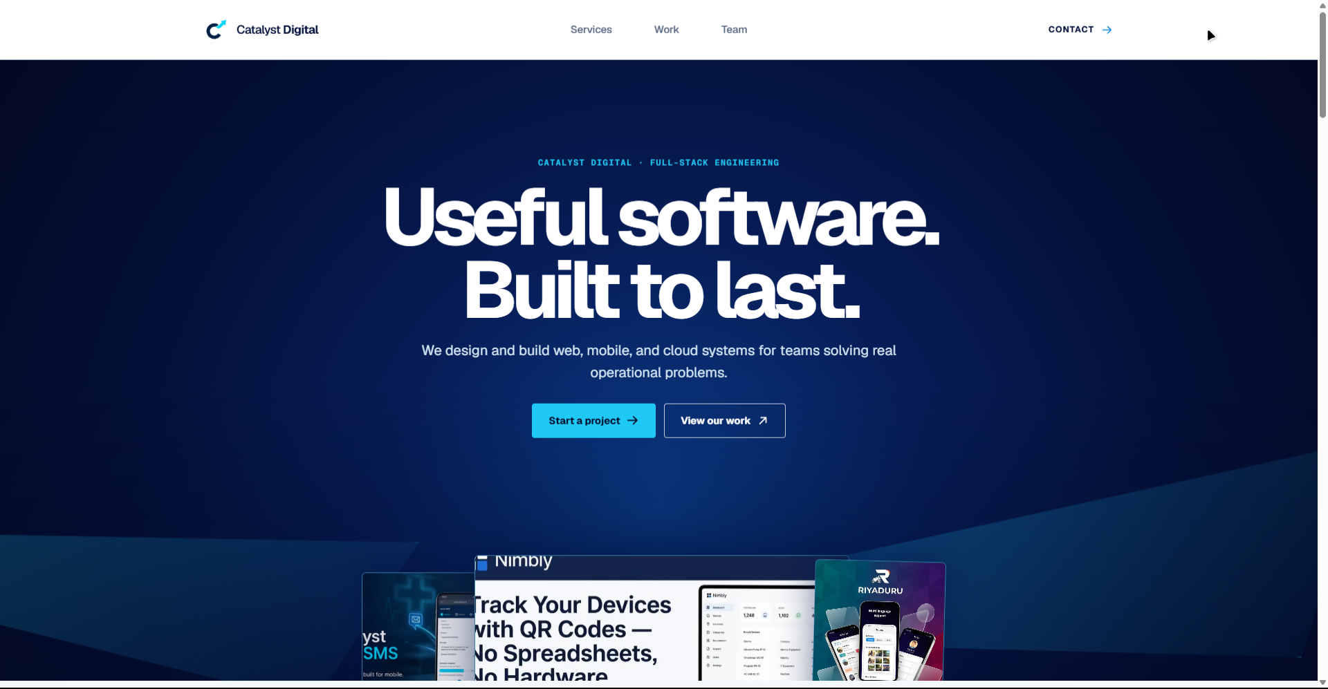 Catalyst Digital website showing the Useful software. Built to last. homepage hero