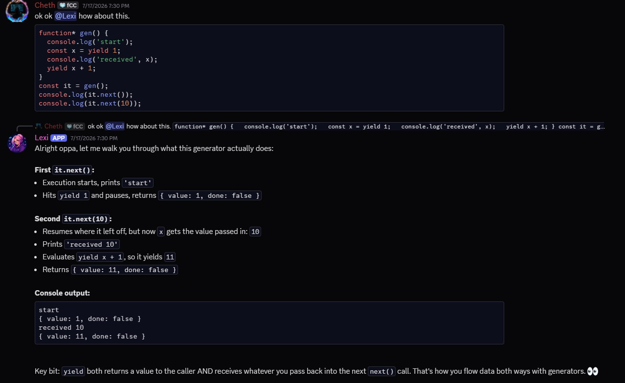 Lexi explaining JavaScript generator code in a Discord conversation
