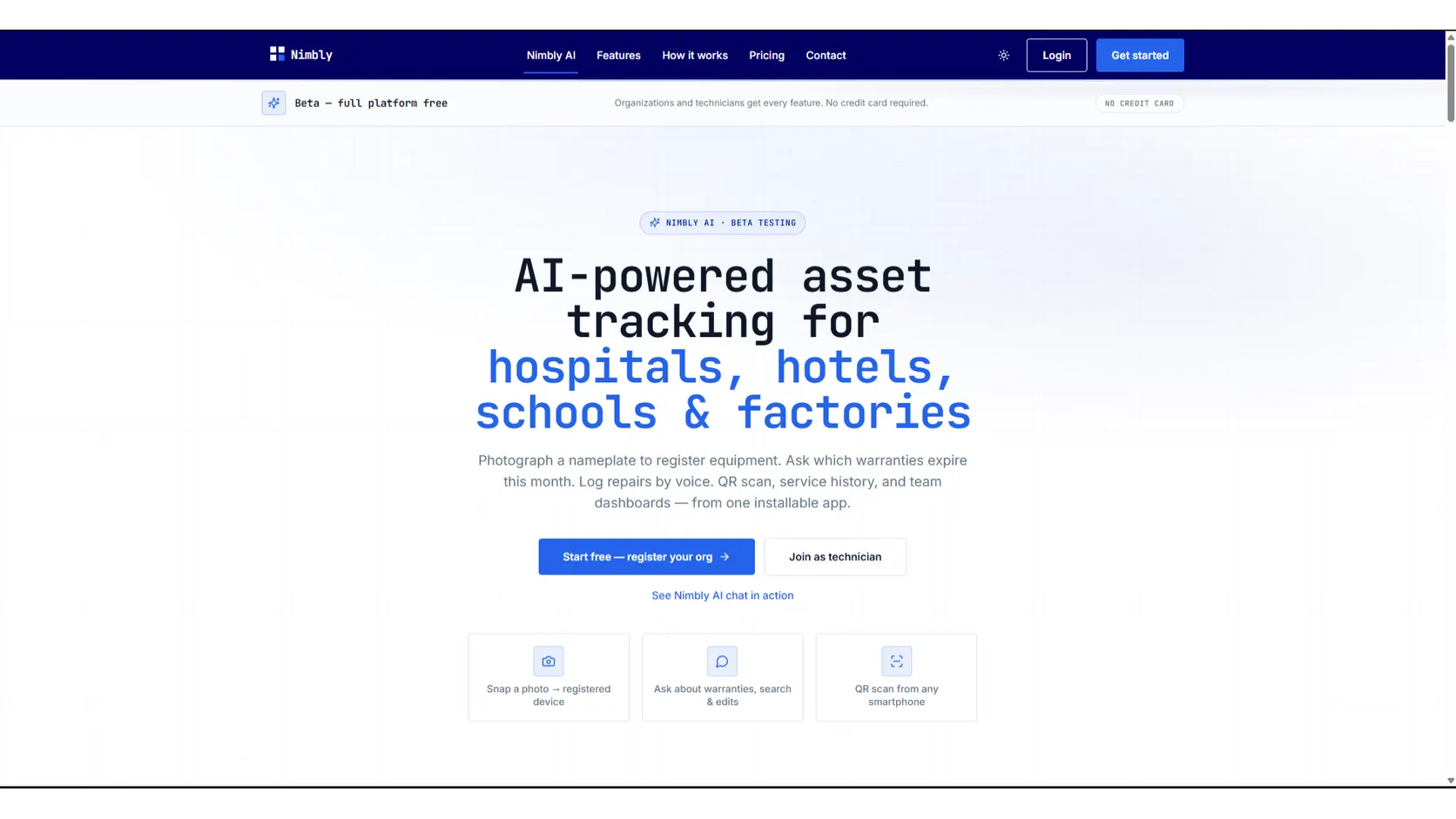 Nimbly asset management landing page showing AI-powered equipment tracking