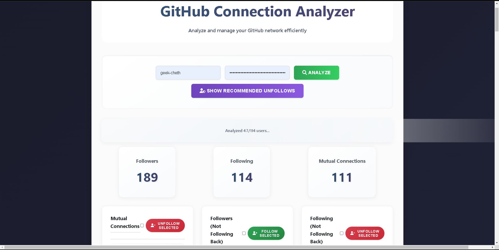 Github Follow-Unfollow Filter Project Screenshot