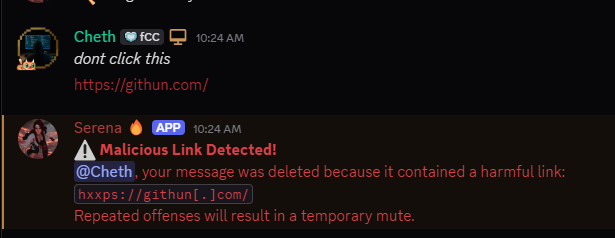 Serena Discord security bot warning about a malicious link in a chat message